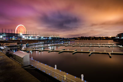 Bridge over river in city at sunset