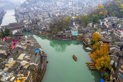 High angle view of city buildings