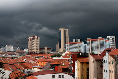 Buildings in city against storm clouds