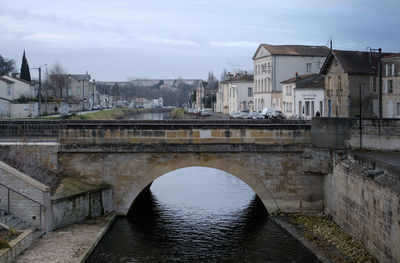 Bridge over river in city against sky