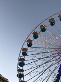 Low angle view of ferris wheel against clear blue sky