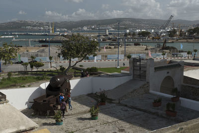 High angle view of street amidst buildings in city