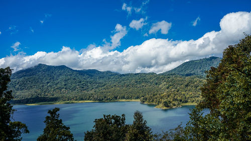 Panoramic view of lake and mountains against sky