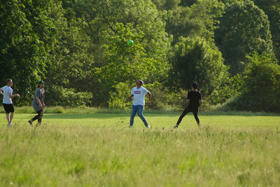Man walking on grassy field