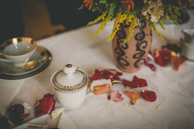 High angle view of christmas decorations on table