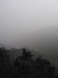 Scenic view of landscape against sky during foggy weather