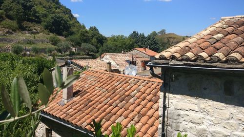 High angle view of houses against clear sky