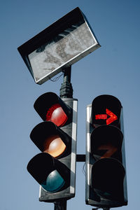 Close-up of road sign against clear sky