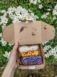 Cropped hand of woman holding eclairs
