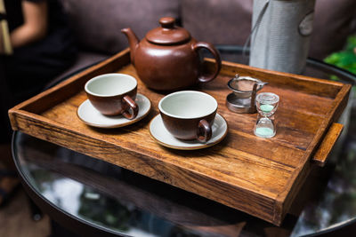 High angle view of coffee cup on table