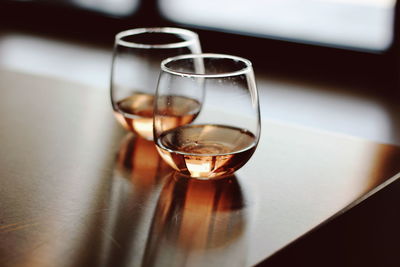 High angle view of wineglasses on table