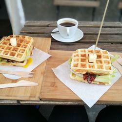 High angle view of breakfast served on table