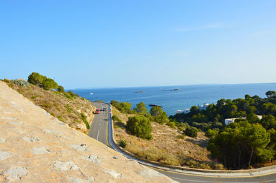 Scenic view of beach against clear blue sky