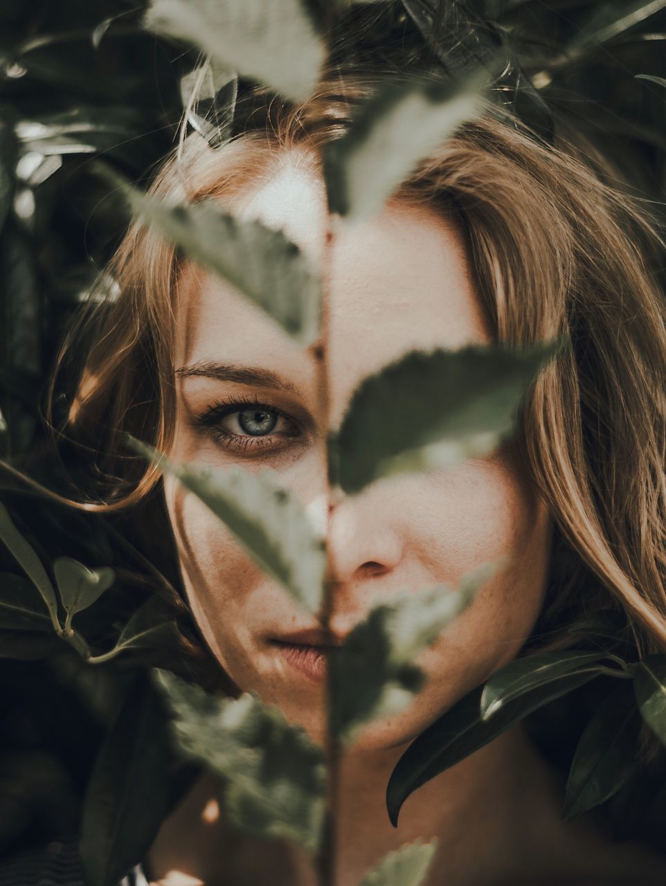 young adult, human face, portrait, close-up, young women, looking at camera, leaf, one person, real people, outdoors, day, people