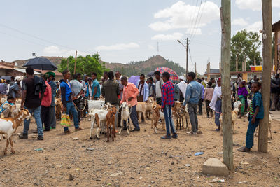 Group of people walking on road against sky