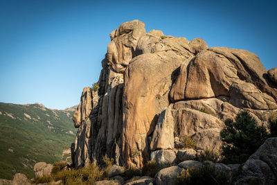 Rock formations on landscape against clear blue sky