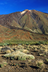 Scenic view of rocky mountain against blue sky at teide national park