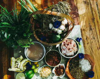 High angle view of meal served on table