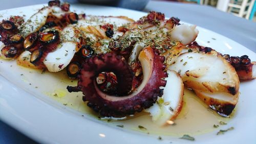 Close-up of food with octopus in plate