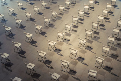 High angle view of chairs and table