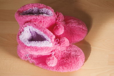 High angle view of pink stuffed toy on table