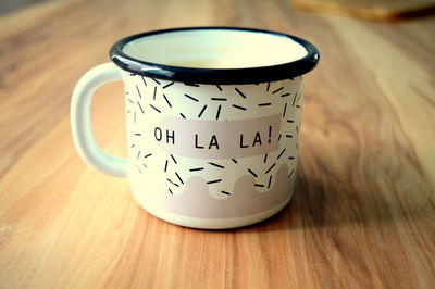 Close-up of coffee cup on table