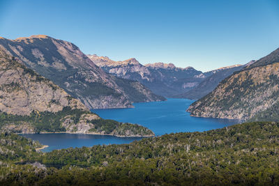 Scenic view of sea and mountains against clear sky