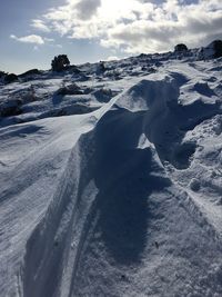 Snow covered landscape against sky