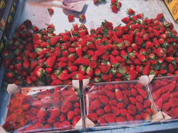 High angle view of red for sale in market