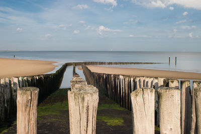 Wooden posts on beach against sky