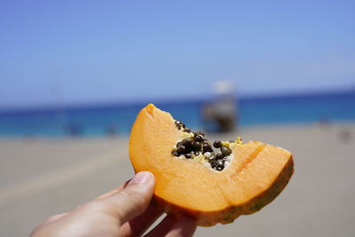 Close-up of hand holding fruit on beach