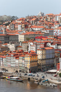 Aerial view of town and buildings in city