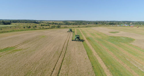 Combine harvester at work harvesting field wheat. aerial view combine harvester mows ripe spikelets