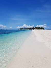 Scenic view of beach against blue sky