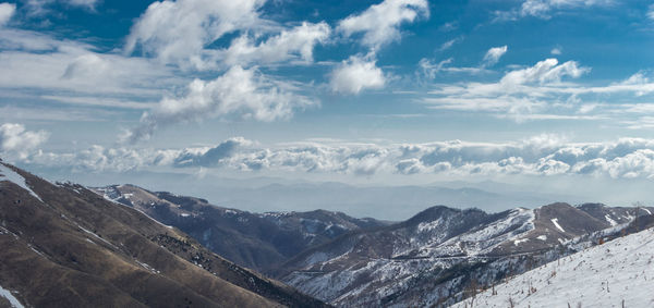 Scenic view of snowcapped mountains against sky