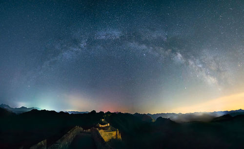 Scenic view of mountains against sky at night