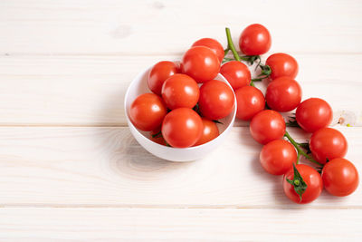 High angle view of tomatoes in bowl on table