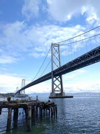 View of suspension bridge against cloudy sky