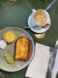 High angle view of breakfast served on table