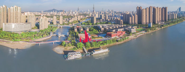 High angle view of city at waterfront