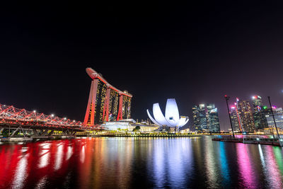 Illuminated city buildings at night