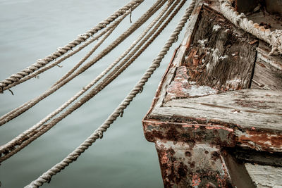 Close-up of ropes and wooden pier