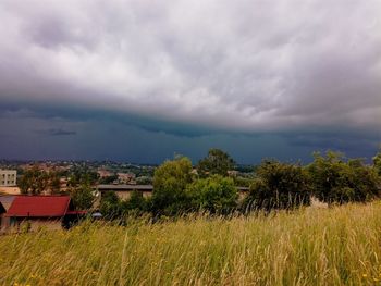 Scenic view of field against cloudy sky
