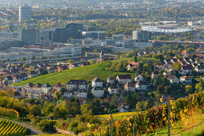 Germany, baden-wuerttemberg, stuttgart, aerial view of vineyards at rotenberg.