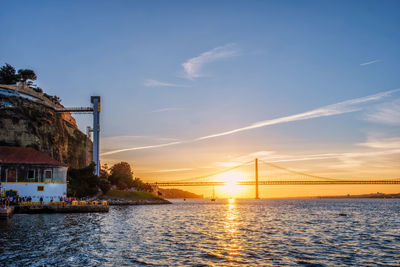 View of suspension bridge over river against sky at sunset