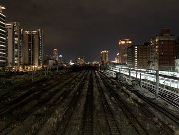 Railroad tracks amidst buildings against sky at night