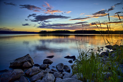 Scenic view of lake against sky at sunset