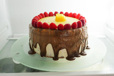 Close-up of cake served on table