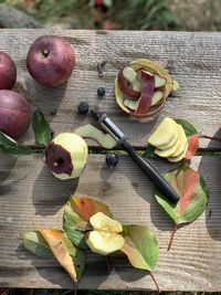 High angle view of various fruits on table