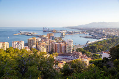 High angle view of city buildings